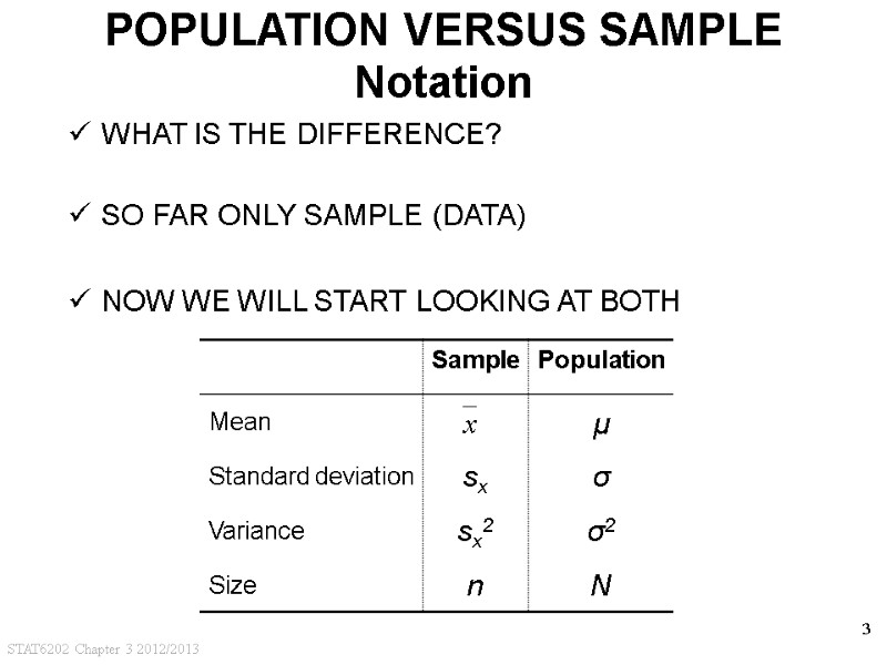 STAT6202 Chapter 3 2012/2013 3 POPULATION VERSUS SAMPLE Notation WHAT IS THE DIFFERENCE? 